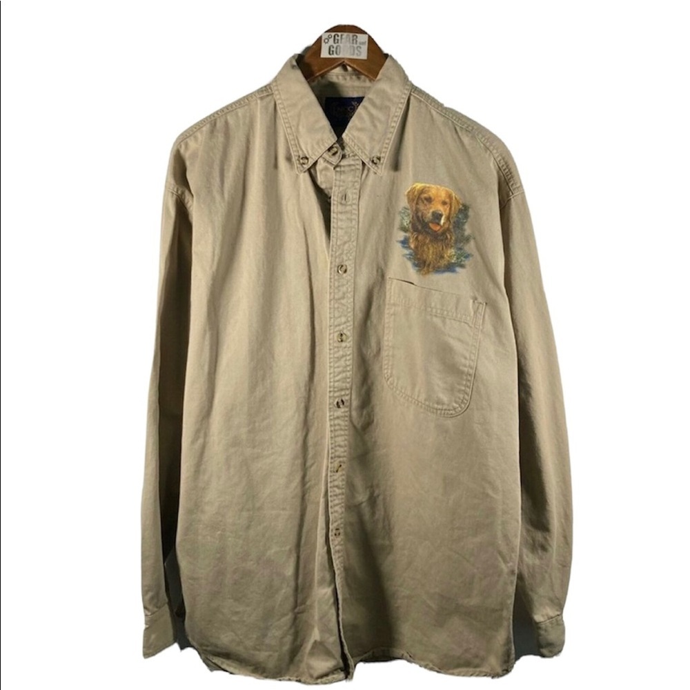 Vintage Tan Button Down, NCC Appareal Golden Retriever Fish Hunting Dads 2xl